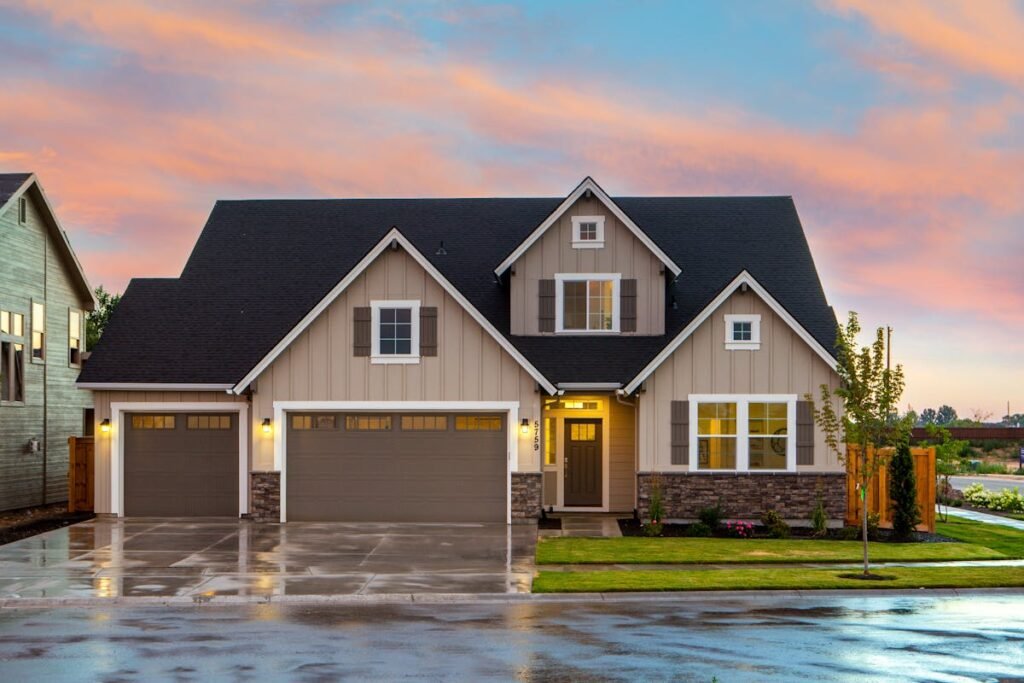 Craftsman style home at sunset in The Woodlands Texas real estate market